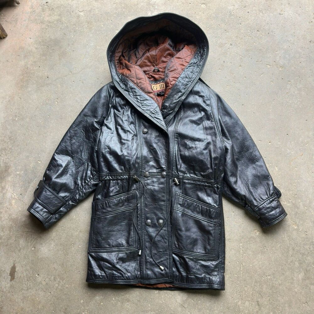 G-III Womens Black Leather Hooded Parka Jacket Quilted Lined Drawstring Size S